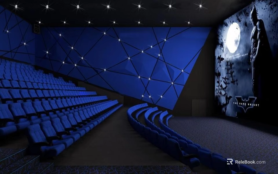 Modern Cinema Interior With Blue Ceiling Star Lights Patterns Seats And Large Screen Moon Trees 3d model 