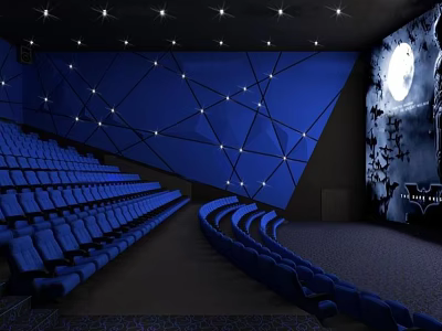 Modern Cinema Interior With Blue Ceiling Star Lights Patterns Seats And Large Screen Moon Trees 3d model