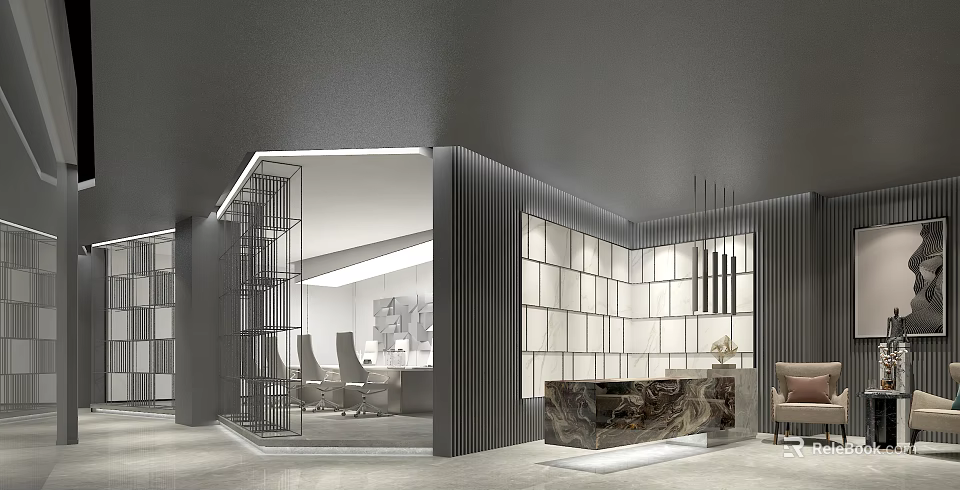 Modern Front Desk Reception Area With Glass Partition Marble Countertop Display Shelves And Seating 3d model 