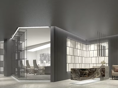Modern Front Desk Reception Area With Glass Partition Marble Countertop Display Shelves And Seating 3d model