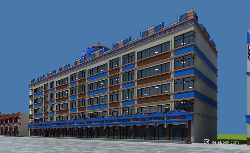 Modern Commercial Street Building With Blue Decorative Facade And Large Windows 3d model 