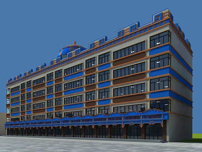 Modern Commercial Street Building With Blue Decorative Facade And Large Windows 3d model