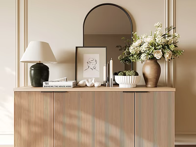 Striped Minimalist Modern Entryway Side Cabinet With Lamp Framed Picture Candles Vase Green Plants Books 3d model