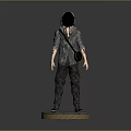 3D Character Model Standing Pose With Black Hair Gray Overalls And Yellow Warning Stripes Base