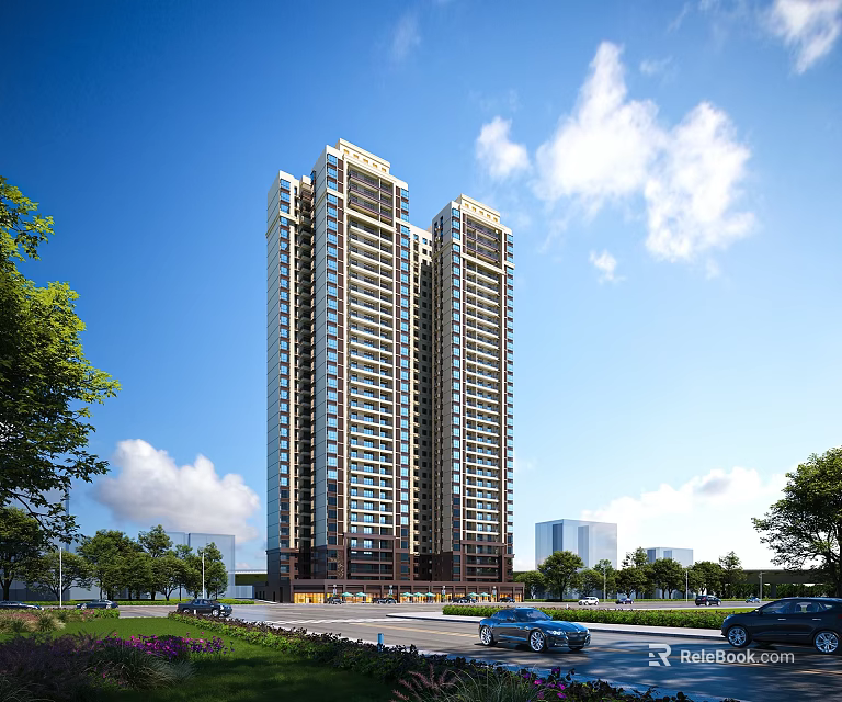 Modern Twin High Rise Residential Building With Greenery Blue Sky And Road 3d model 