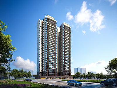 Modern Twin High Rise Residential Building With Greenery Blue Sky And Road 3d model