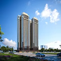 Modern Twin High Rise Residential Building With Greenery Blue Sky And Road