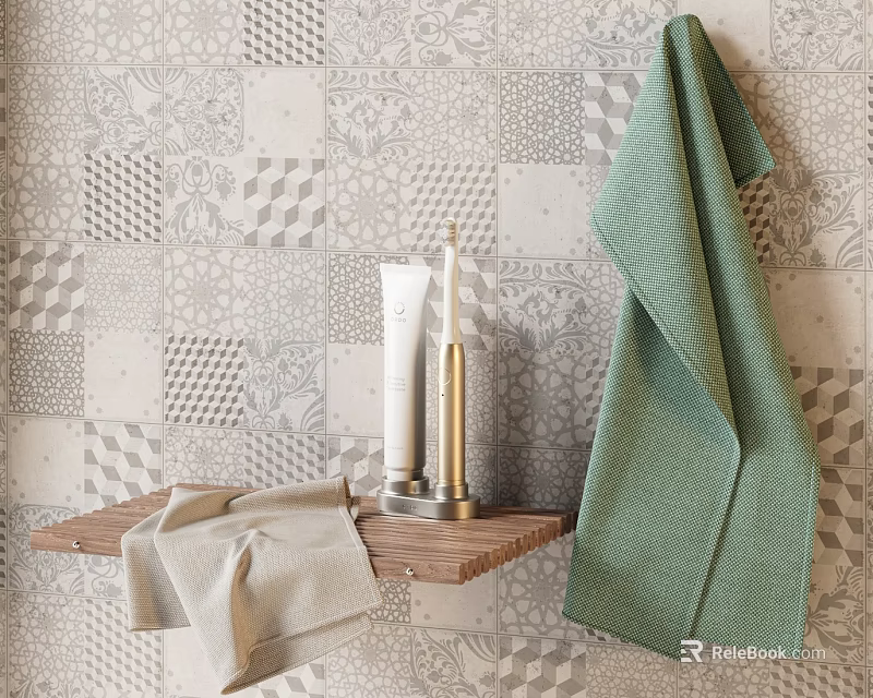 Bathroom With Towels And Wash Supplies On Shelf Against Tile Wall 3d model 