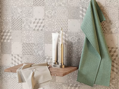 Bathroom With Towels And Wash Supplies On Shelf Against Tile Wall 3d model