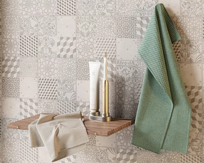 Bathroom With Towels And Wash Supplies On Shelf Against Tile Wall 3d model Bathroom With Towels And Wash Supplies On Shelf Against Tile Wall 3d model