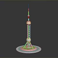 Detailed Oriental Pearl Tower Model With Circular Base Green Lawn And Antenna
