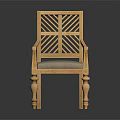 Traditional Wooden Accent Chair With Carved Geometric Backrest Armrests And Light Gray Seat Cushion