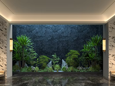 Modern Lobby Living Plant Wall With Dark Background Various Plants White Decorations And Marble Floor 3d model