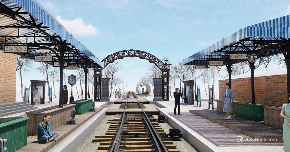 Commercial Street with Historic Arched Iron Structures Rail Tracks and Pedestrian Platforms 3d model 