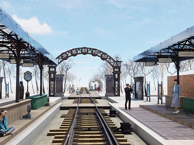Commercial Street with Historic Arched Iron Structures Rail Tracks and Pedestrian Platforms 3d model