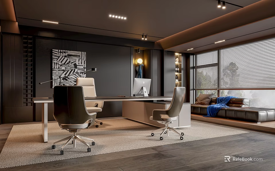 Modern Contemporary Office Interior With Wooden Desk Ergonomic Chairs Abstract Wall Art And Large Windows 3d model 
