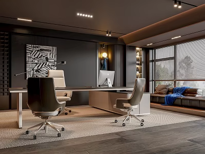 Modern Contemporary Office Interior With Wooden Desk Ergonomic Chairs Abstract Wall Art And Large Windows 3d model