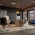 Modern Contemporary Office Interior With Wooden Desk Ergonomic Chairs Abstract Wall Art And Large Windows