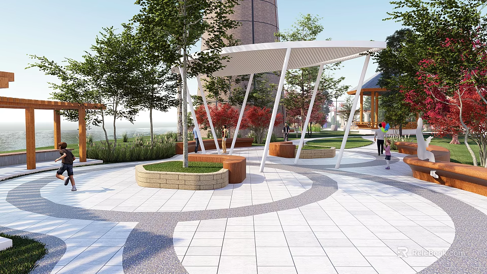 Modern Park Plaza With White Shade Structure Circular Lawn Benches And Trees 3d model 