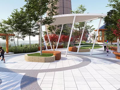 Modern Park Plaza With White Shade Structure Circular Lawn Benches And Trees 3d model