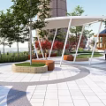 Modern Park Plaza With White Shade Structure Circular Lawn Benches And Trees