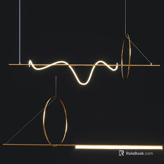 Modern Chandelier With Curved LED Light Strip And Golden Circular Rings Design 3d model 