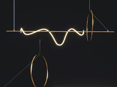 Modern Chandelier With Curved LED Light Strip And Golden Circular Rings Design 3d model