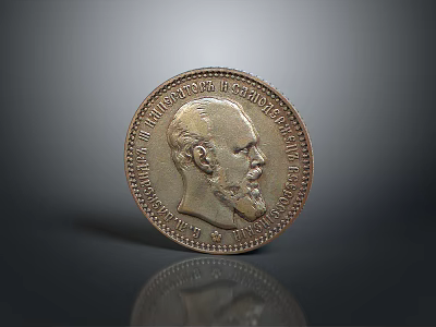Metallic Circular Coin With Portrait And Inscription On Dark Background With Reflection 3d model