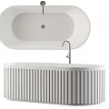 Modern Oval Bathtub With Vertical Grooves Faucet And Storage Units