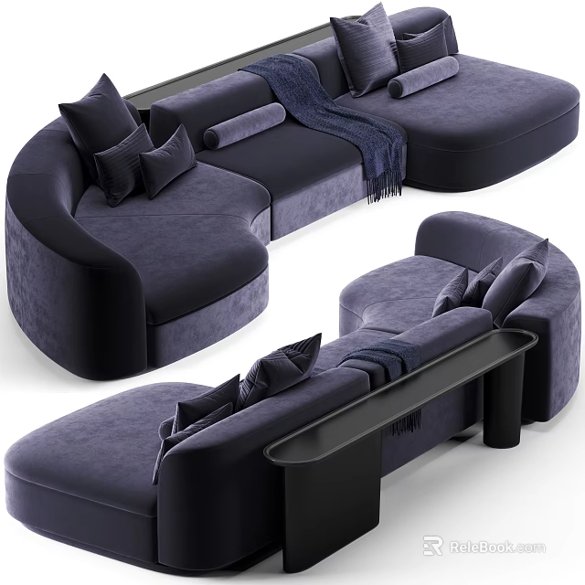 Navy Blue Velvet Sectional Sofa With Curved Design Pillows And Side Table 3d model 