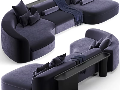 Navy Blue Velvet Sectional Sofa With Curved Design Pillows And Side Table 3d model