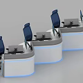 Modern Curved Office Desk Setup With Blue Desktop And Black Office Chairs