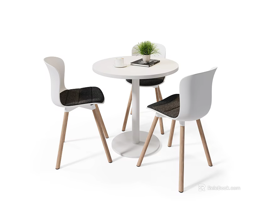 Round White Dining Table Set With Three Chairs Wooden Legs Black Cushions And Green Plant 3d model 