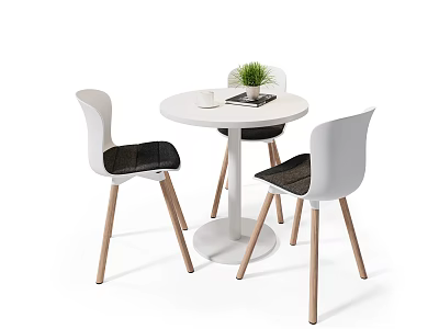 Round White Dining Table Set With Three Chairs Wooden Legs Black Cushions And Green Plant 3d model
