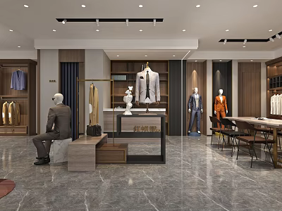 Modern Men's Clothing Store Interior Featuring Suits On Mannequins Wooden Cabinets And Marble Floor 3d model