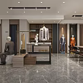 Modern Men's Clothing Store Interior Featuring Suits On Mannequins Wooden Cabinets And Marble Floor