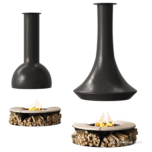 Elegant Modern Fireplace Design With Black Chimney And Burning Wood Flames 3d model 