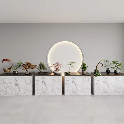 Various Bonsai Plants Arranged On Marble Countertops With Circular Light 3d model