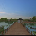 Tranquil Park Landscape With Wooden Boardwalk Lotus Flowers Small Boat Pavilion And Green Hills