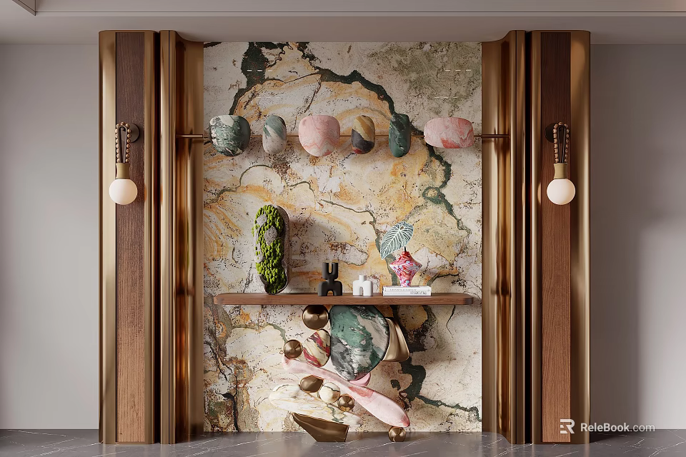 Modern Entryway Design With Marble Wall Wooden Frames Console Table And Decorative Ornaments 3d model 