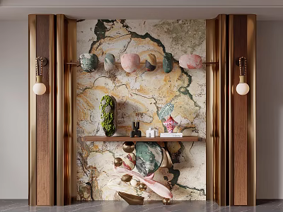 Modern Entryway Design With Marble Wall Wooden Frames Console Table And Decorative Ornaments 3d model