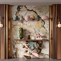 Modern Entryway Design With Marble Wall Wooden Frames Console Table And Decorative Ornaments
