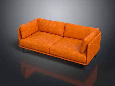 Orange Modern Two-Seater Sofa with Smooth Leather Surface and Black Legs in Interior 3d model