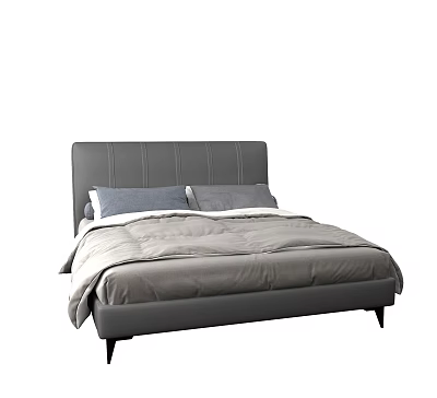 Modern Gray Upholstered Double Bed With Stitched Headboard And Soft Bedding 3d model