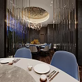 Elegant Private Dining Box With Round Table Blue Chairs Chandelier And Green Plants