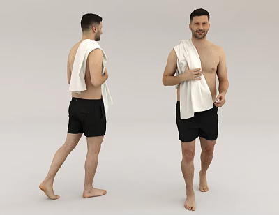 Shirtless Man In Black Shorts With White Towel Walking Barefoot 3d model