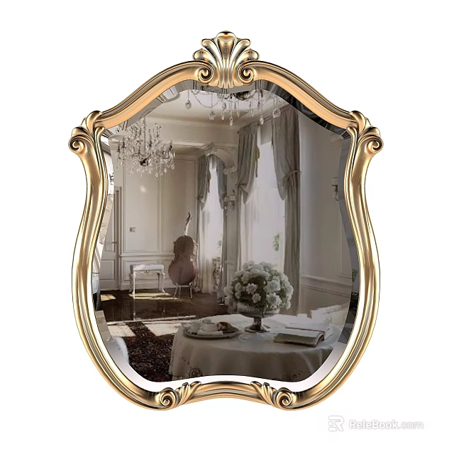 Ornate Golden Framed Mirror Reflecting Chandelier Piano Curtains And Flower Arrangement 3d model 