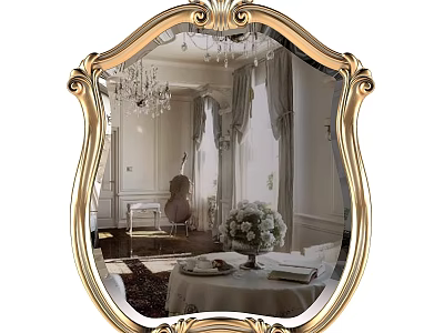Ornate Golden Framed Mirror Reflecting Chandelier Piano Curtains And Flower Arrangement 3d model
