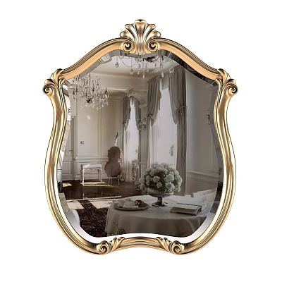 Ornate Golden Framed Mirror Reflecting Chandelier Piano Curtains And Flower Arrangement 3d model