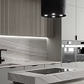 Modern Kitchen Interior With Grey Cabinets Black Range Hood Marble Island And Wooden Backsplash